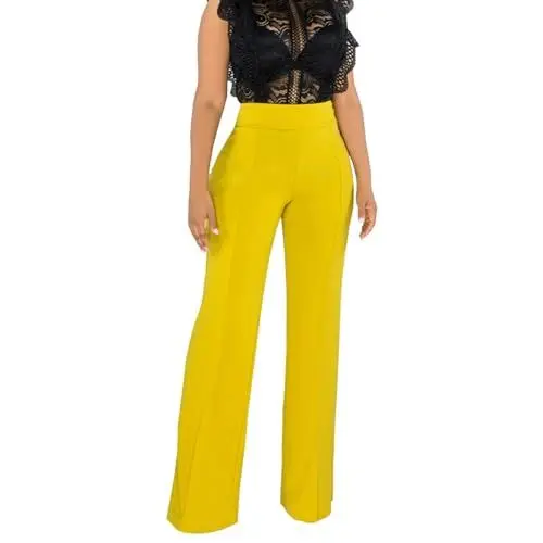 Produktbild: YANFJHV Damen-Hose, dehnbar, gerades Bein, bequem, solide, klassisch, hohe Taille, weites Bein, Lange Hose, Arbeits- und Bürohose Freizeithose Damen 3/4 Hose (Yellow, XL)