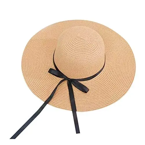 Produktbild: YANFJHV Damen-Strohhut mit breiter Krempe, Floppy-Hüte mit breiter Krempe, Bowknot, Faltbare Strandkappe Protest Sonnenhut (Khaki, One Size)