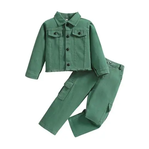 Produktbild: LOIJMK Mädchen Mode Langarm Jeansjacke Lange Hosen Zweiteiliges Set Kinderkleidung Mädchen 140 (Green, 6 Years)