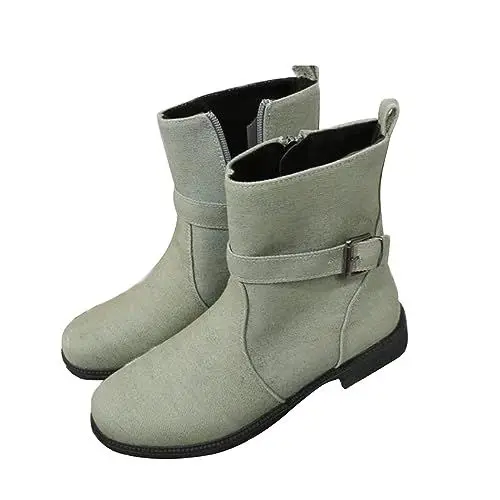 Produktbild: YANFJHV Modische, einfarbige, kurze Stiefel für Damen, PU-Seitenschnalle, hinterer Absatz, kurzer Absatz, mittlere Wadenstiefel Damen Hausschuhe Warm (Green, 38)