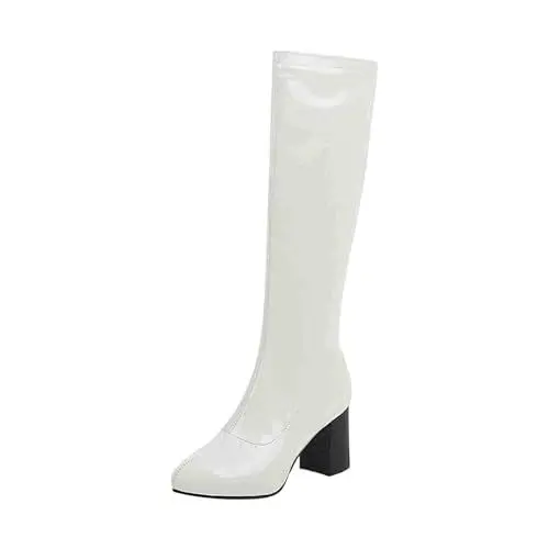 Produktbild: YANFJHV Stilvolle und hübsche Damen-Stiefel aus PU mit dicker Zehenpartie, bequem, nicht scheuernd Hohe Schuhe Damen Winter (White, 47)