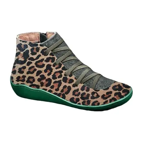 Produktbild: YANFJHV Zehenschnürung, runde, lässige, Leoparden-Reißverschluss-Print an der Seite, modische Damenstiefel, flache Damenstiefel Gr. 42 Damen (Brown, 36)