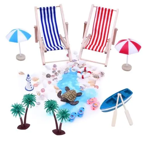 Produktbild: YANGUN 15 Stück Strand Deko Miniatur Set, Kleine Palme Deko Accessoires, Miniatur Deko Strand, Strandkorb Sonnenschirm, Sonnenschirm Kleine Palme Deko Accessoires Für DIY Zen Garten Dekoration