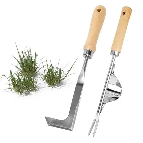 Produktbild: YANGUN Fugenkratzer, 2 Stück Unkrautkratzer aus Edelstahl mit Wurzeljäter, Fugenmesser mit Stiel aus Eschenholz, Unkraut Messer zum Entfernen von Moos und Unkraut, Gartenwerkzeug(23cm)