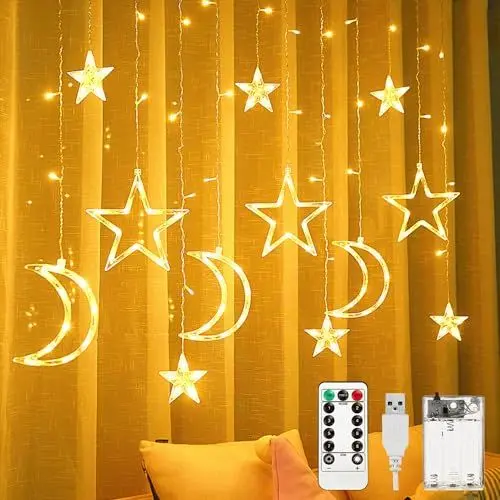 Produktbild: YANGUN Stern Mond Lichterketten 3.5m, Stern Mond LED, 120 LED Sterne Mond Vorhang Licht, led lichterkette sternenvorhang, led Batterie mit Fernbedienung für Ramadan, Party, Fenster, Hochzeit