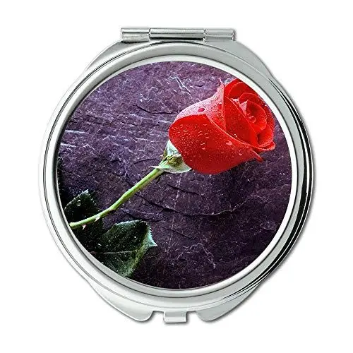 Produktbild: Yanteng machte eine einzelne rote Rose auf Stein Rosebud-Ohs Brieftasche Spiegel, Schminkspiegel, Taschenspiegel (tragbarer Spiegel)