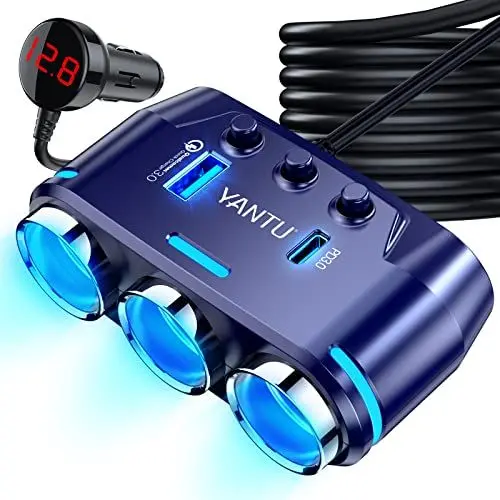 Produktbild: YANTU Zigarettenanzünder-Adapter, KFZ-Ladegerät-Adapter, 3 Steckdosen, Splitter mit LED-Spannungsanzeige, Dual-USB-Auto-Ladegerät, Ein-/Aus-Schalter, 12 V, Auto-Splitter-Adapter (Blau)