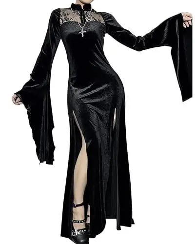 Produktbild: YAOBAOLE Halloween Kostüm Damen Elegantkleid Damen Cosplay Sexy Kleid Gothic Hexe Cosplay Maxikleid Spitze Lange Flare Ärmel Samtkleid Schwarz L