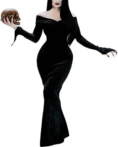 Produktbild: YAOBAOLE Sexy Halloween Karneval Kleid Damen Langarm Samt Renaissance Partykleid Damen Kostüm Cosplay Outfit Maxi Kleid Damen Zurück Split Schwarz S