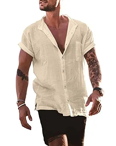 Produktbild: YAOBAOLE Oberhemd Herren Kurzarm Leinenhemd Herren Kurzarm Freizeithemd Herren Sommerhemden Mann Khaki L
