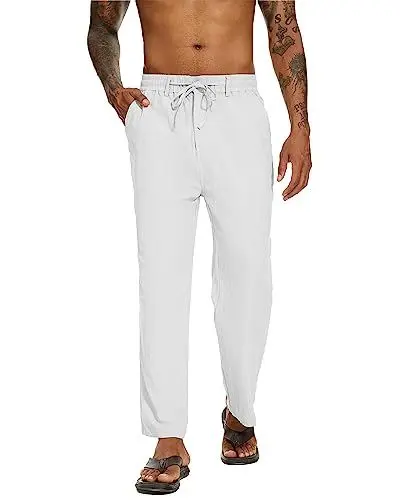 Produktbild: YAOBAOLE Hose aus Baumwolle und Leinen, für Herren, Yoga, lässig, leicht, Sommer, Hose, elastisch, mit Reißverschluss, weiß, XL