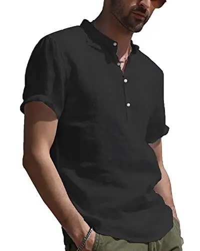 Produktbild: YAOBAOLE Herren Kurzarmhemd Leinen Hemden Sommer Outdoor Strand Hemd Schwarz 2XL