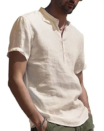 Produktbild: YAOBAOLE Herren Leinenhemd Shirt Hemd Baumwolle Casual Kurzarm Slim Fit Shirt Khaki XL