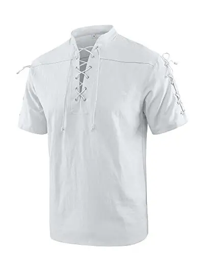 Produktbild: YAOBAOLE Leinen Hemd Herren Mitteralter Piratenhemd Cosplay Kostüm Schnürhemd Herren Mittelalter Weiß 2XL