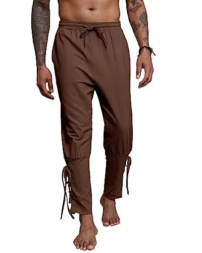 Produktbild: YAOBAOLE Sommer Mitteralter Hose Herren Lang Leinenhose Herren Lang Mitteralter Mittelalter Kleidung Herren Hose Braun M