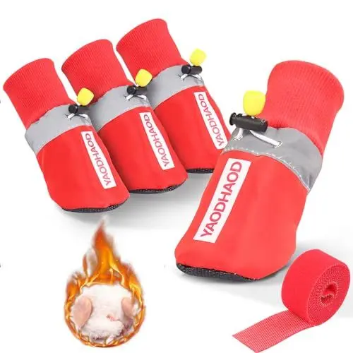 Produktbild: YAODHAOD Hund Schneestiefel，Atmungsaktive Socken, Hundeschuhe Fleece für mittlere bis große Hunde, reflektierenden Riemen Anti-Rutsch Sohle, Hundestiefel für Innenräume (L, rot)