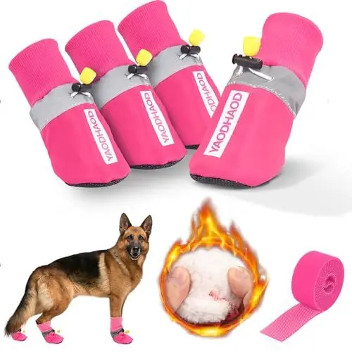 Produktbild: YAODHAOD Hund Schneestiefel，Atmungsaktive Socken, Hundeschuhe Fleece für mittlere bis große Hunde, reflektierenden Riemen Anti-Rutsch Sohle, Hundestiefel für Innenräume (XXL, blau)