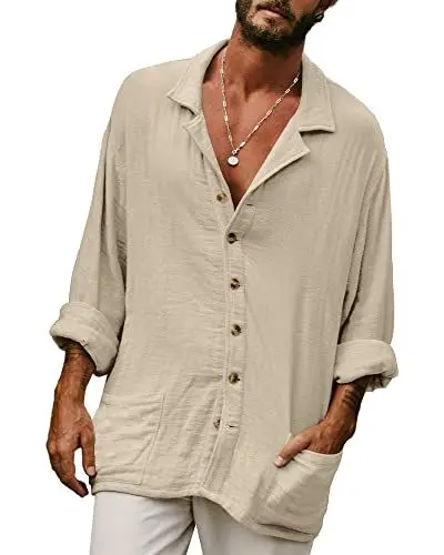 Produktbild: YAOHUOLE Hemd Herren Henley Leinen Sommer Hemd Herren Leinenhemd Herren Fit Freizeit Leinen Hemden Herren Khaki 2XL