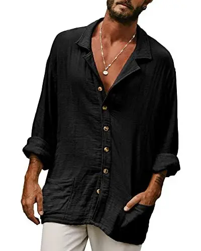 Produktbild: YAOHUOLE Leinen Herren Hemd Langarm Freizeithemd Herren Langarm Hemd Herren Comfort Fit Schwarz L