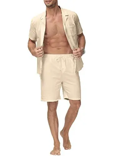 Produktbild: YAOHUOLE Herren 2-teiliges Leinen Set Strand Knopfleiste Hemd und Shorts Kurzarm Sommer Outfits Khaki 2XL