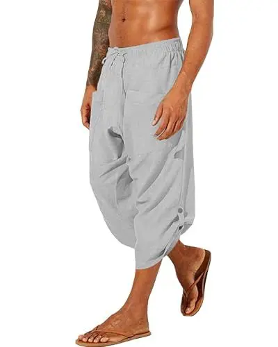 Produktbild: YAOHUOLE Herren Leinen Bermuda Shorts 3/4 Sommerhose Grau M