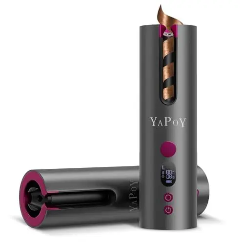 Produktbild: YAPOY Schnurlose Automatischer Lockenstab Wiederaufladbar Automatischer Lockenwickler mit 5 Temperaturen & Timer Wärmeisolationskammer LCD-Bildschirm Geeignet für kurzes & langes Haarstyling - Magenta