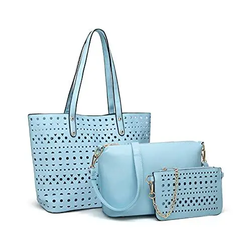 Produktbild: YAQUNICER Damen Synthetisches Glattleder Große Kapazität Hollow Damenhandtasche 3 STÜCKE Schultergeldbörse Reißverschluss Brieftaschen Clutches Shopper-Blau