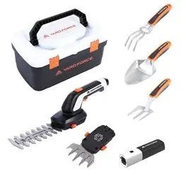 Produktbild: Yard Force VITA Werkzeugkoffer mit 4V / 4Ah Akku, Akku Gras und Strauchschere, Handschaufel, Handgrubber, Handgrabgabel, HX V05S, Weiß