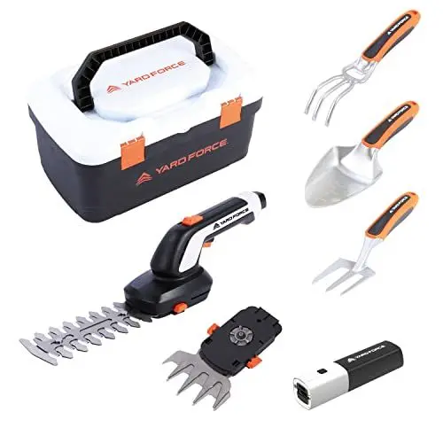 Produktbild: Yard Force VITA Werkzeugkoffer mit 4V / 4Ah Akku, Akku Gras und Strauchschere, Handschaufel, Handgrubber, Handgrabgabel, HX V05S, Weiß