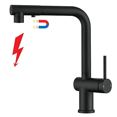 Produktbild: YardMonet Niederdruck Armatur Küche Schwarz, 360° Schwenkbar Küchenarmatur Niederdruck mit Magnet Brause Ausziehbar, Wasserhahn Niederdruck Küche 3 Anschlüsse Spültischarmatur für Untertischboiler