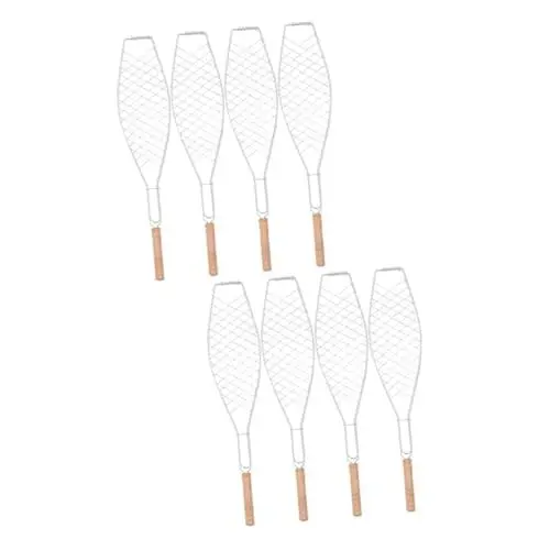 Produktbild: Yardwe 8 STK Fischgrillkorb Outdoor Grill holzstiel Fischhalter für Grill Essen Camping zubehör Bratpfannen Grillrost Gitternetz aus Eisen mit Holzgriff draussen Grillutensilien Metall