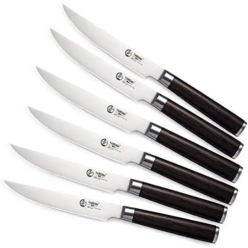 Produktbild: YARENH Steakmesser Set 6 Teilig, Steak Messer aus Deutschem Edelstahl Geschmiedet,Ultrascharfe Gezackte Klinge und Ergonomischer Holzgriff, Tafelmesser mit Geschenkbox, Steakbesteck Set HXZ-Serie
