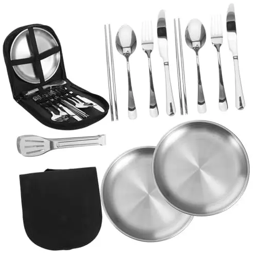 Produktbild: YARNOW 1 Set Set Outdoor Geschirr Set Reisegeschirr Essstäbchen Etui Gabeln Und Löffel Essstäbchen Etui Löffel Geschirr Mehrweggeschirr Reiselöffel Reisegabel Edelstahl Silber