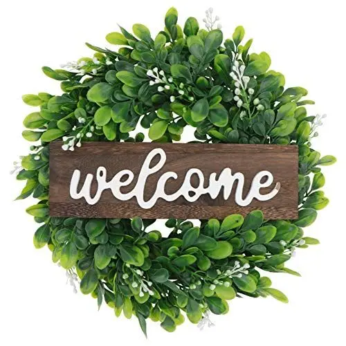Produktbild: YARNOW Frühling Willkommensschild Künstliche Eukalyptus Kranz Blätter Girlande Hochzeit Türkranz 33cm Holz Wandkranz Willkommen Türschild für Wohnzimmer Wanddeko Ostern Haustür Deko