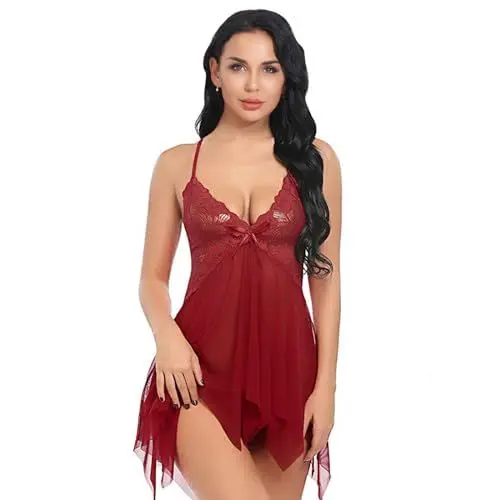 Produktbild: YaShaer Negligee Damen Dessous für Frauen Spitze Babydoll Lingerie Kleid V Ausschnitt Nachtwäsche Set Reizwäsche Sleepwear, Rot,2XL