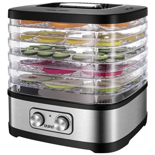 Produktbild: YASHE GGJ-261A Dörrautomat mit 5 höhenverstellbaren Tabletts, Temperaturregelung von 35-70°C, 240 Watt Dörrgerät für Obst und Gemüse, BPA-frei