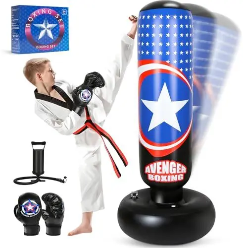 Produktbild: YasinKidz Boxsack Kinder, 168cm Aufblasbare Boxsack Stehend Kinder Standboxsack mit Boxhandschuhen für Training, Karate, Taekwondo, Boxen, MMA and Stressabbau