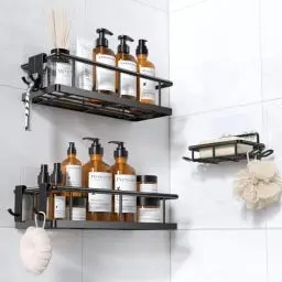 Produktbild: YASONIC Duschablage ohne Bohren Badezimmer Organizer, Badregal Duschregal ohne Bohren, Duschhalterung ohne Bohren Shampoo Halterung für Dusche, rostfrei Badezimmer Regal Duschablage schwarz, 3 Stück