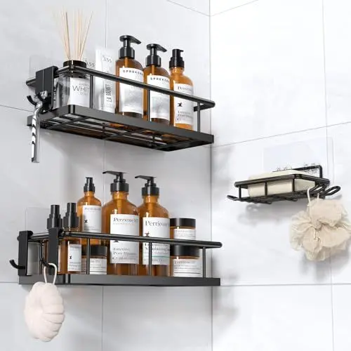 Produktbild: YASONIC Duschablage ohne Bohren Badezimmer Organizer, Badregal Duschregal ohne Bohren, Duschhalterung ohne Bohren Shampoo Halterung für Dusche, rostfrei Badezimmer Regal Duschablage schwarz, 3 Stück