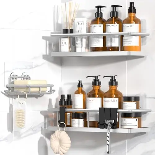 Produktbild: YASONIC Duschablage ohne Bohren Badezimmer Organizer, Badregal Duschregal ohne Bohren, Duschhalterung ohne Bohren Shampoo Halterung für Dusche, rostfrei Regal Dusche mit 8 Haken, 3 Stück, Silber