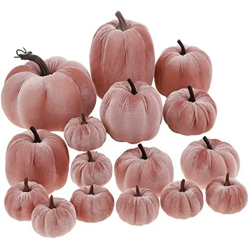 Produktbild: Yatinkim 16 Stück Rosa Gefälscht Schaumstoff Kürbisse Dekorieren Samt Stoff Kürbis Bulk Fall Tisch Schüssel Mittelstück Bauernhaus Ernte Halloween