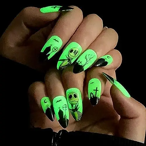 Produktbild: Yatinkim 24stück Almond Halloween Lang Gefälschte Nägel Press on Nägel Künstliche Nagelspitze Glühen Bei Nacht Grün Matte Französische Easter Party