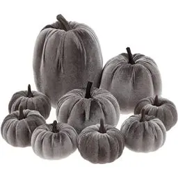 Produktbild: Yatinkim Gefälscht Kleine Kürbisse Samt Stoff Kürbis Sortierte Halloween Küche Dekoration Fall Tisch Mittelstück Erntedankfest Bauernhaus Grau 9 Stück