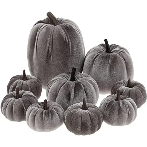 Produktbild: Yatinkim Gefälscht Kleine Kürbisse Samt Stoff Kürbis Sortierte Halloween Küche Dekoration Fall Tisch Mittelstück Erntedankfest Bauernhaus Grau 9 Stück