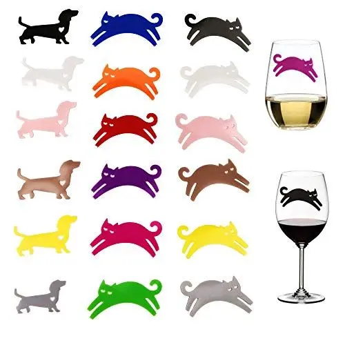 Produktbild: YAVO-EU Glasmarker, 18pcs Weinglas Mark Silikon Wiederverwendbare Glasmarkierer Drinking Buddies Cocktail (cat and dog)