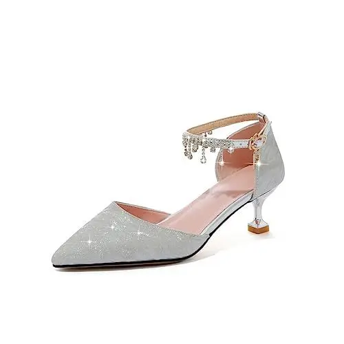 Produktbild: Yawors Damen DC771 Pumps mit Kitten Heel Niedrig Perlen Artifizieller Diamant Elektroplattierte Absatz Silber - 35 EU