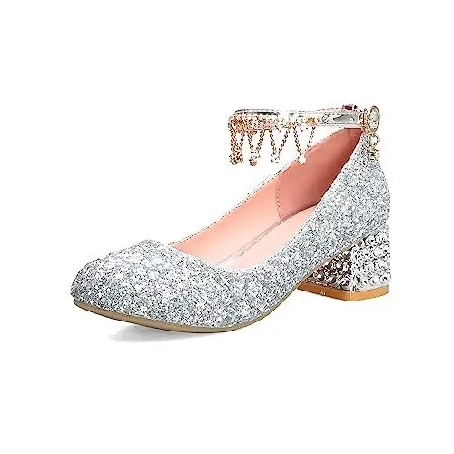 Produktbild: Yawors Damen DC782 Pumps mit Blockabsatz Niedrig Elektroplattierte Absatz Artifizieller Diamant Sequin Silber - 38.5 EU