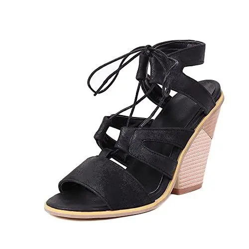 Produktbild: Yawors Damen LC1109 Sandale mit Klobig Niedrig Schnürsenkel Schleife Schwarz - 38 EU