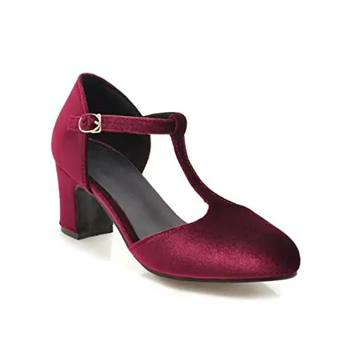 Produktbild: Yawors Damen LC1179 Pumps mit Klobig Mitte Niedrig Geschnittene Oberteile Metall Schnalle Rutschsicher Weinrot - 38.5 EU