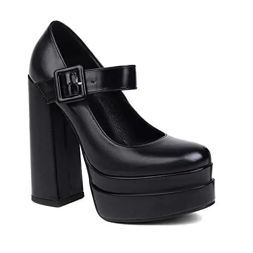 Produktbild: Yawors Damen LC936 Pumps Mary Jane mit Blockabsatz Niedrig Geschlossen Schließe Plateau Schwarz - 35.5 EU